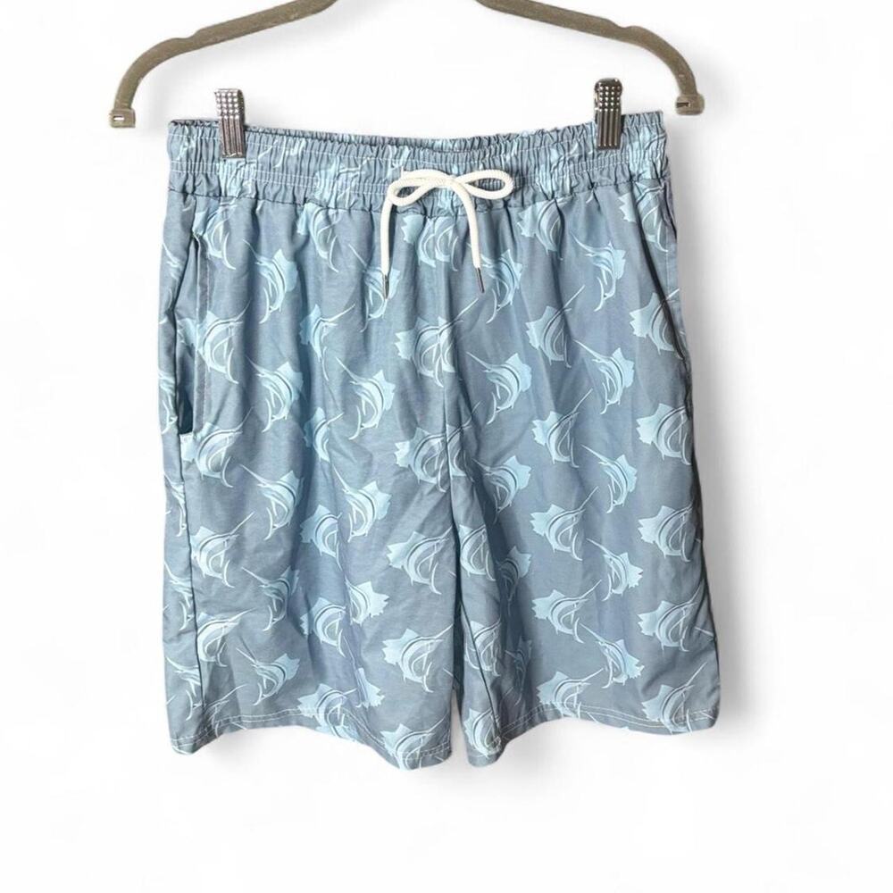 Mens Marlin Swordfish Swim Trunks Board Shorts Elastic Waist Light Blue Medium